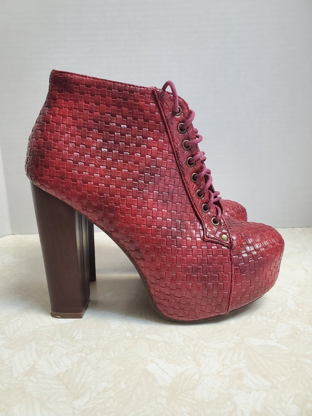 Vintage Red Woven Platform Lace-Up Ankle Boots